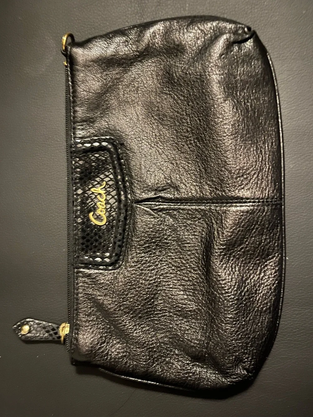 Coach Black Pebbled Leather Pouch with Gold Script Logo